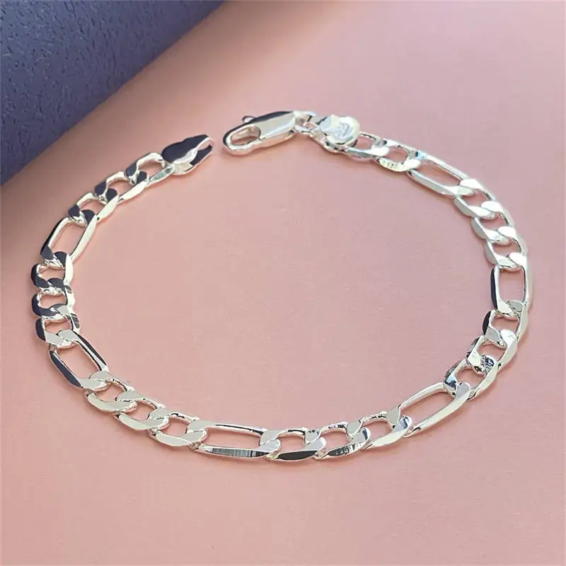 925 Sterling Silver Bracelet 6mm Chain Wedding Nice Gift Solid For Men Women Jewelry Fashion Beautiful Bracelet 20CM 8inch