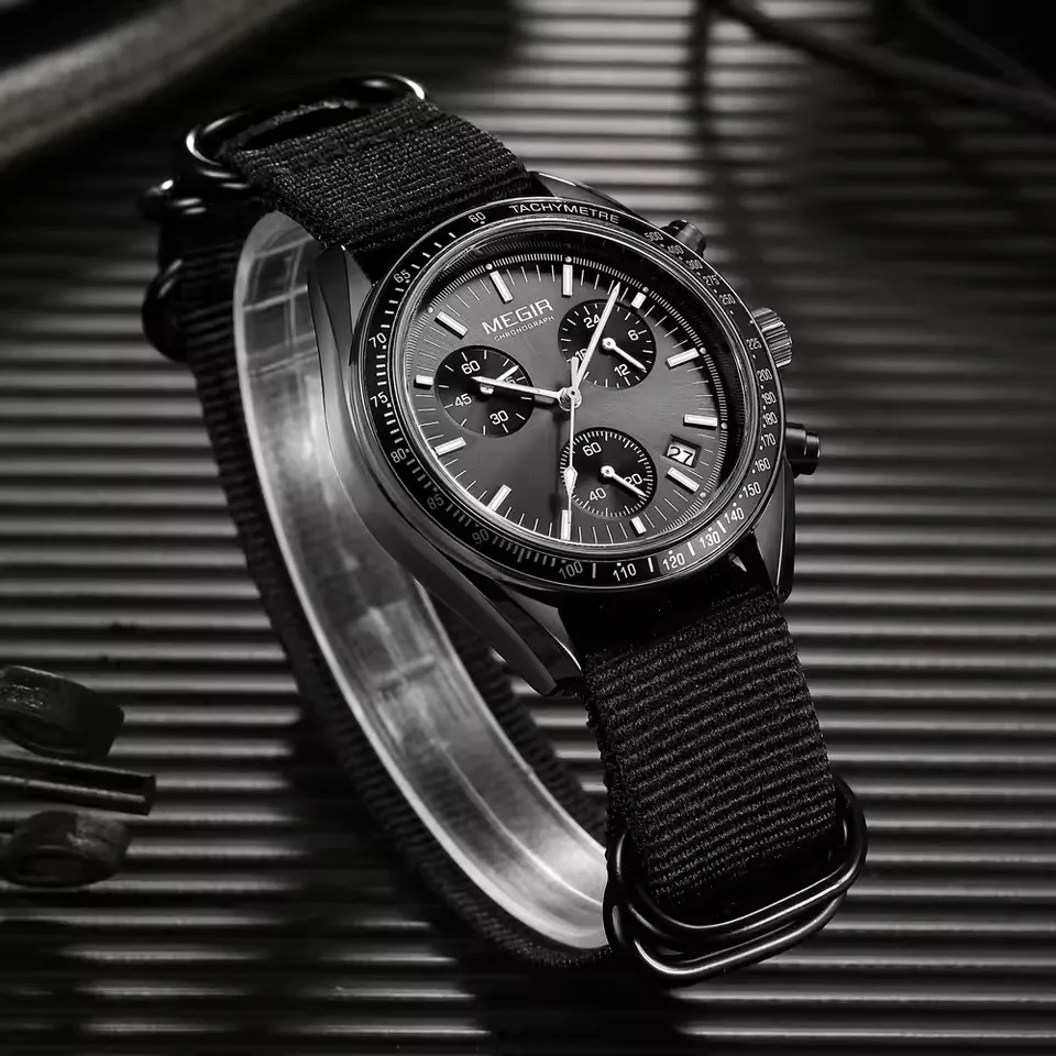 MEGIR 2247 Men's Luxury Quartz Watch Canvas Weaving Strap Chronograph Calendar Life Waterproof Leisure Fashion Men's Watch Gift