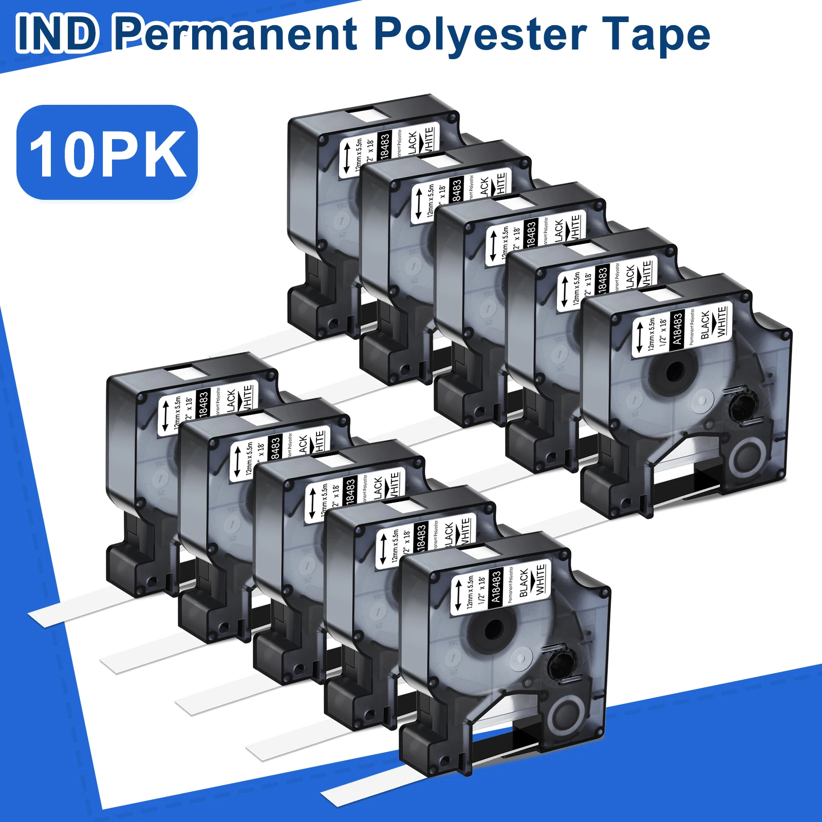 

3-15PK 18483 IND Permanent Polyester Tapes Compatible for Dymo A18482 A18484 Black on White Label For DYMO Rhino 3000 4200 Maker