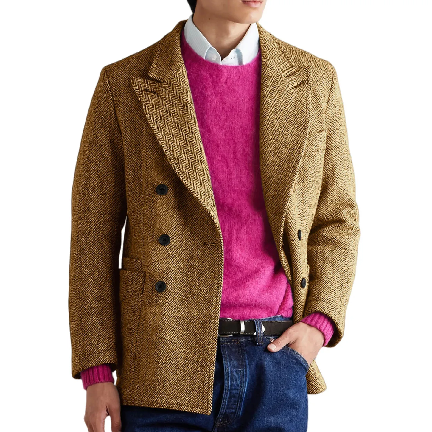 イタリアンスタイル メンズ ヘリンボーン ブレザー スリムフィット ダブルブレスト カジュアル 快適 ファッションジャケット ヴィンテージ カスタム アウターウェア