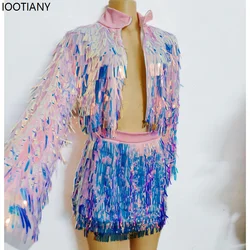 Pink And Purple Sequined Tassel Laser Outfit Women Colorful Dance Singer Stage Top Skirt Nightclub Bar Dj Ds Performance Costume