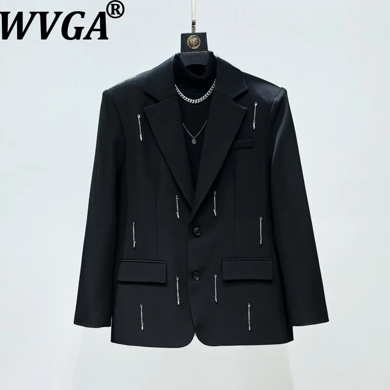 

WVGAspring Autumn New Men Metal Chain Dark Trendy Long Sleeved Suit Jackets Niche Chic Casual Turn-Down Collar Blazer Ins W17375