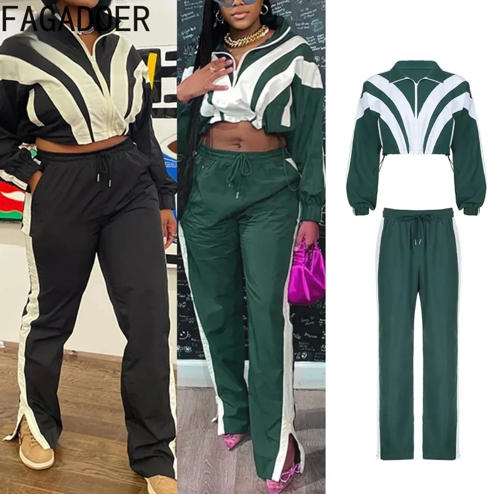 FAGADOER Fashion 2 Pieces Sets Women Outfit Color Blocks Zip Crop Jackets And  Wide Leg Pants Suits Female Streetwear Spring New