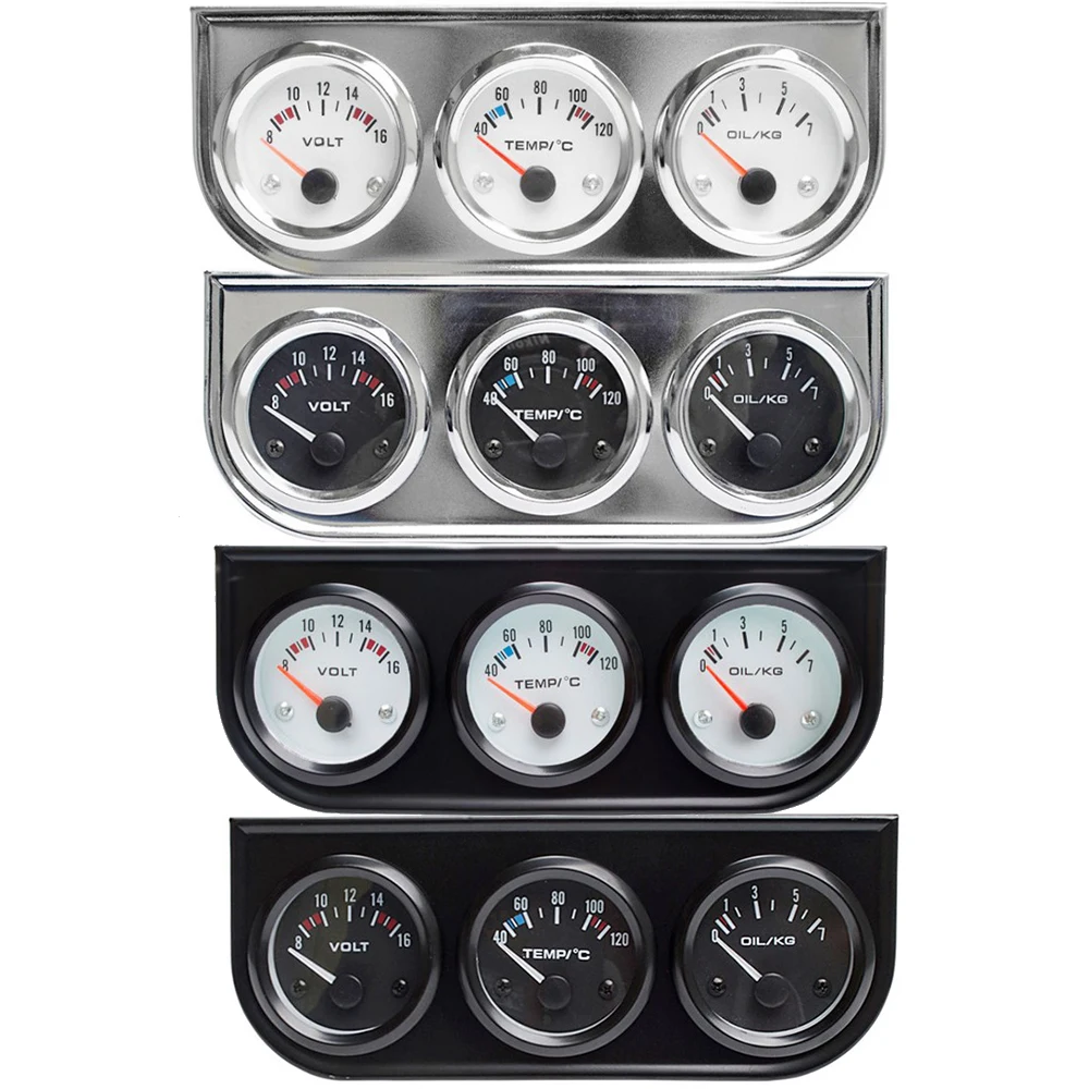 52mm 3 in 1 Triple Gauge Kit 40-120℃ Water Temp 0-7kg Oil Pressure 8-16 Volt meter Black/Chrome With Temp And Pressure Sensor