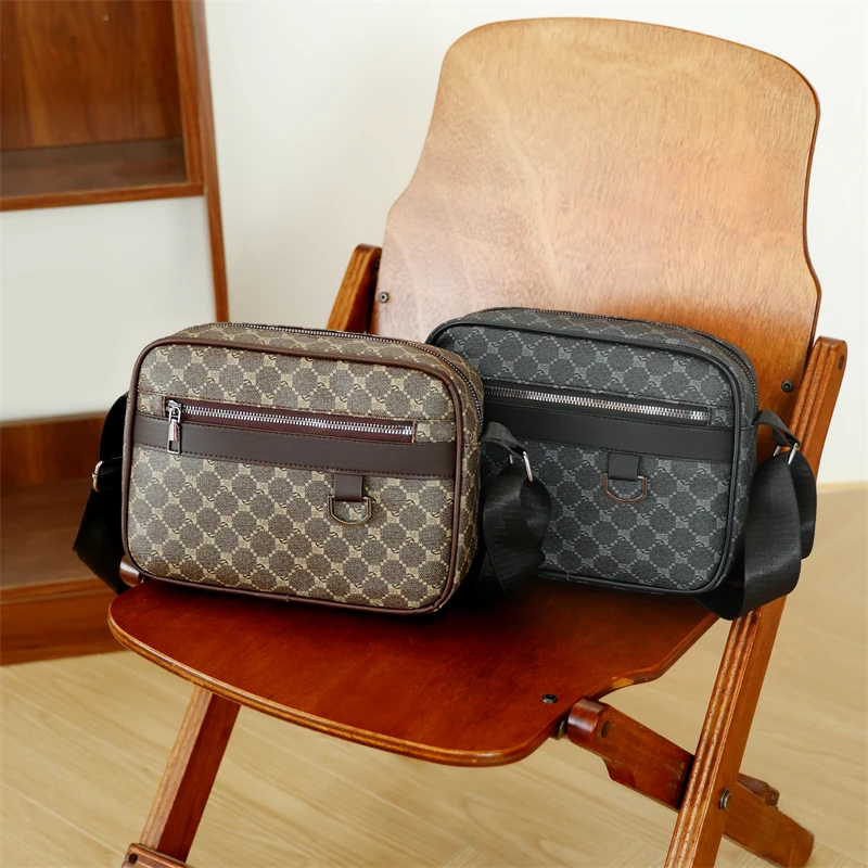 Luxury Business Shoulder Bag for Men Design Plaid PU Leather Messenger Bag Crossbody Bag Casual Zipper Small Square Sling Bag