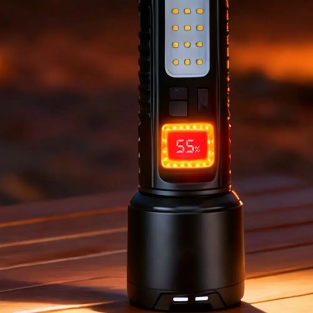 Powerful Led Flashlight Rechargeable Zoomable Torch Solar Charging Tactical Camping Light With Digital Display Red Blue Warning