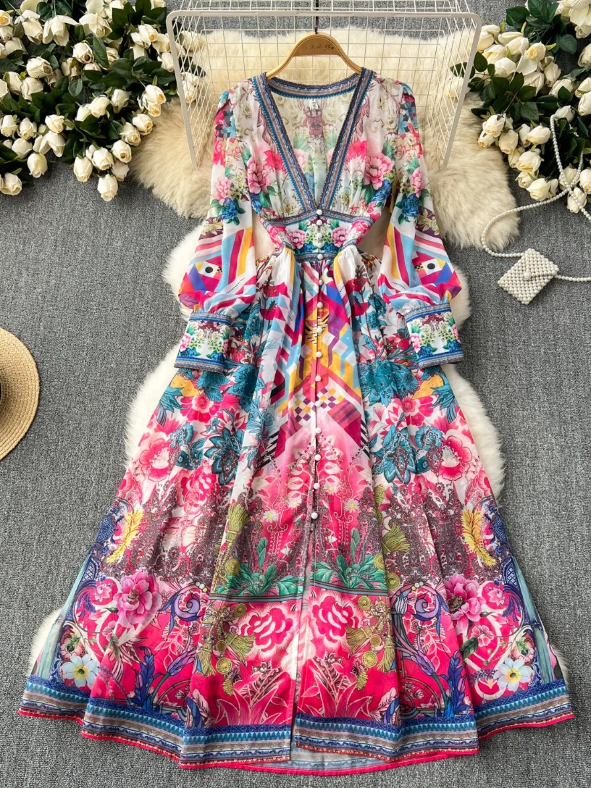 Palace Style Holiday Summer Autumn Long Sleeve Floral Maxi Dress Women Deep V Neck Sexy Print Flower Chiffon Vestidos Party