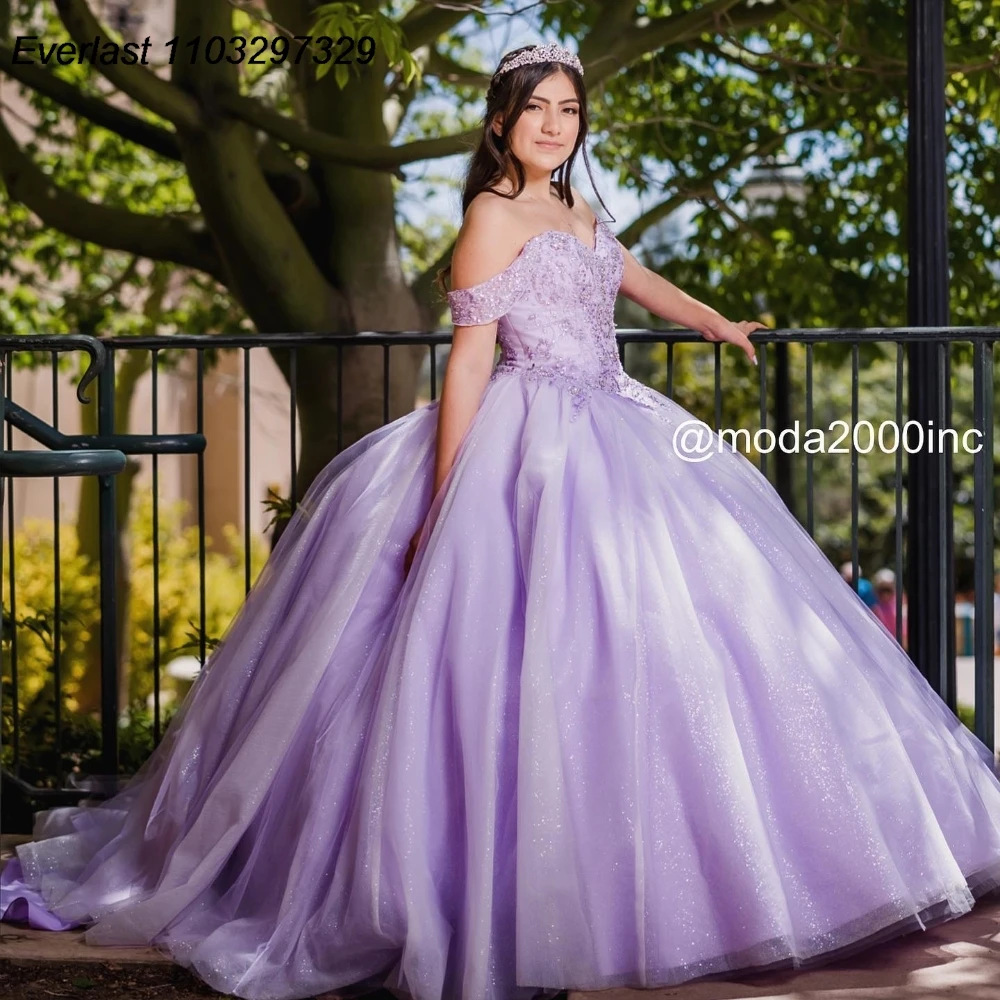 EVLAST Sparkly lavanda lilla abito Quinceanera abito da ballo Applique con perline corsetto con spalle scoperte dolce 16 Vestido De 15 Anos TQD951