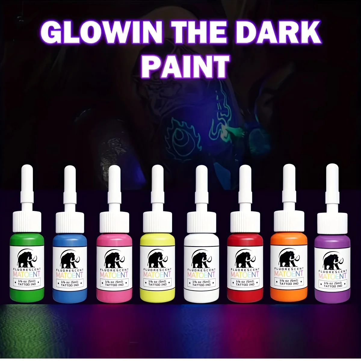 

Glow in the Dark Tattoo Ink - Blacklight Reactive Neon Colors for Parties & Body Art. Long-Lasting & Odorless.
