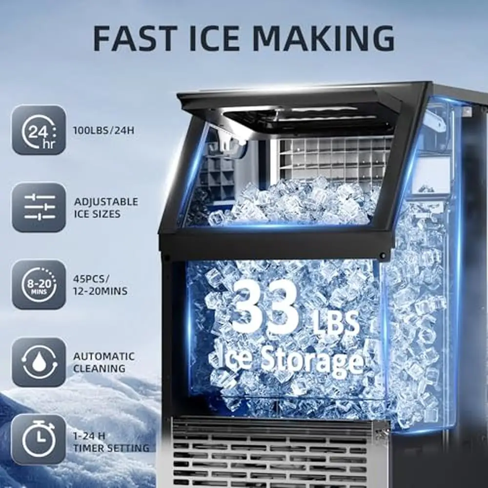 Máquina para hacer hielo de acero inoxidable, 100 libras/24H con contenedor de almacenamiento de 33 libras, cuchara, pantalla LCD, accesorios esenciales, compacto comercial