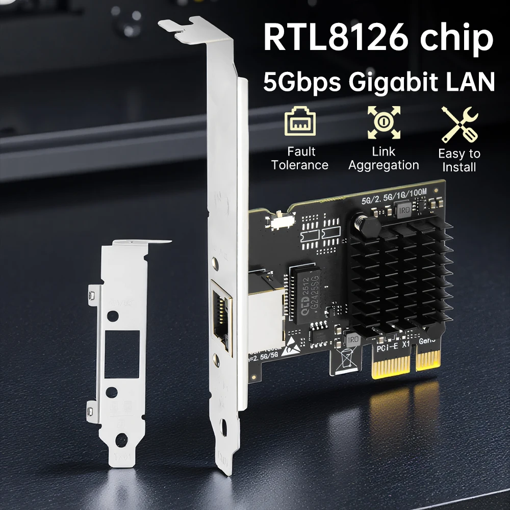 RTL8126 Chip 5G Gigabit LAN PCIe To RJ45 PCI Express Network Card 100/1000/2500/5000M Gigabit Ethernet Adapter For PC Win10/11