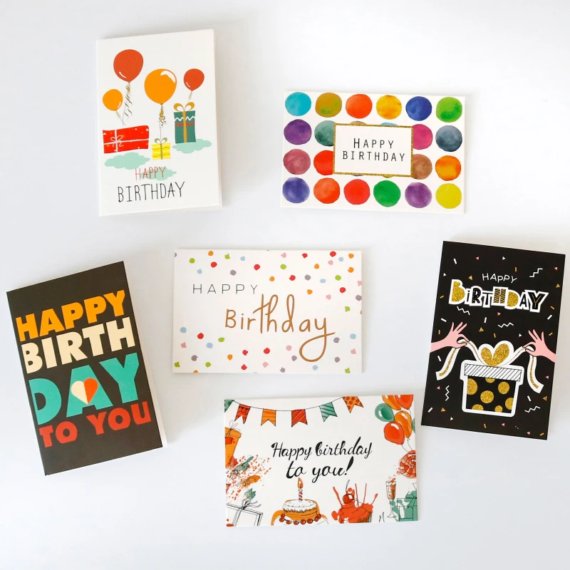 6Sets Happy Birthday Gift Cards Balloon Cartoon Assorted Greeting Card with Envelope and Sticker Birthday Party Invitation Card