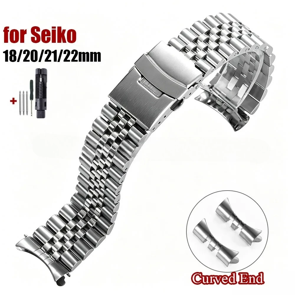 Bracelet de montre en acier inoxydable massif pour Seiko 5 SKX009/007, pour Jubilee, pour Oyster, bracelet de montre à extrémités courbes, 18/20/21/22mm