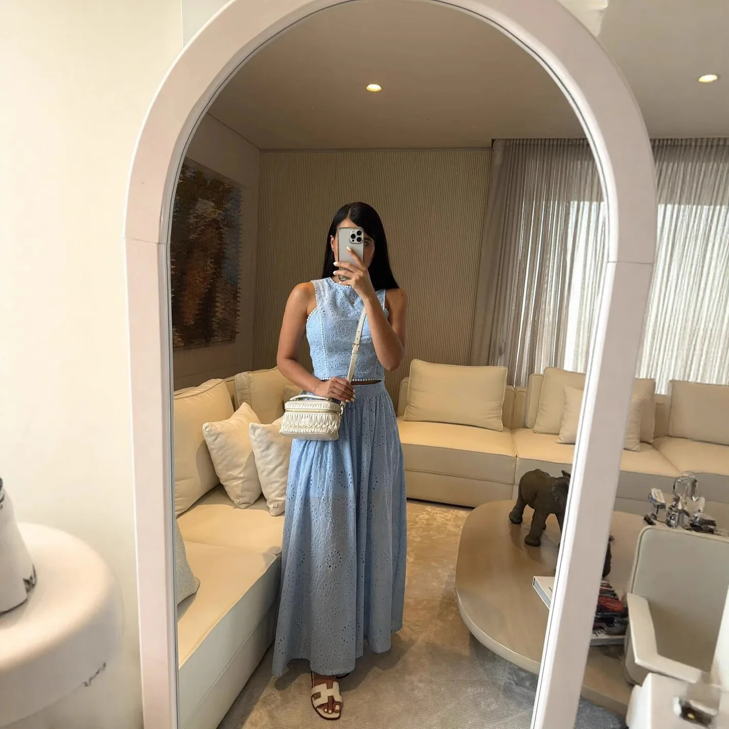 

Fashion O-neck Sleeveless Top with Long Skirt Suit Sexy Exposed Navel Holiday Outfit 2026 Lace Hollow Loose Women's 2 Piece Set