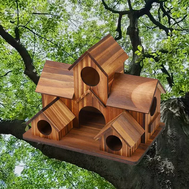 Wooden Birdhouse Feeder Outdoor Garden Decor Multi Chamber Bird Nest Box Rustic Burnt Wood Villa Design Hanging Bird Feeder
