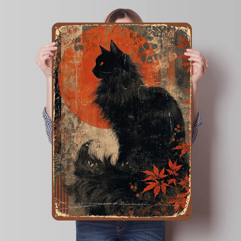 Vintage Japanische Schwarze Katze mit Rotem Mond Bedrucktes Poster Individualisierte Wandkunst Retro Vintage Metallschilder für Heim- und Schreibtischdekoration
