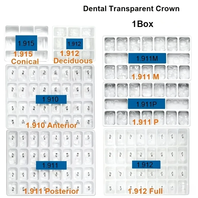 64pcs/Box Dentistry Transparent Crowns Adult Kids Temporary Preformed Teeth Crown Anterior Posterior Molar Tooth Dental Material