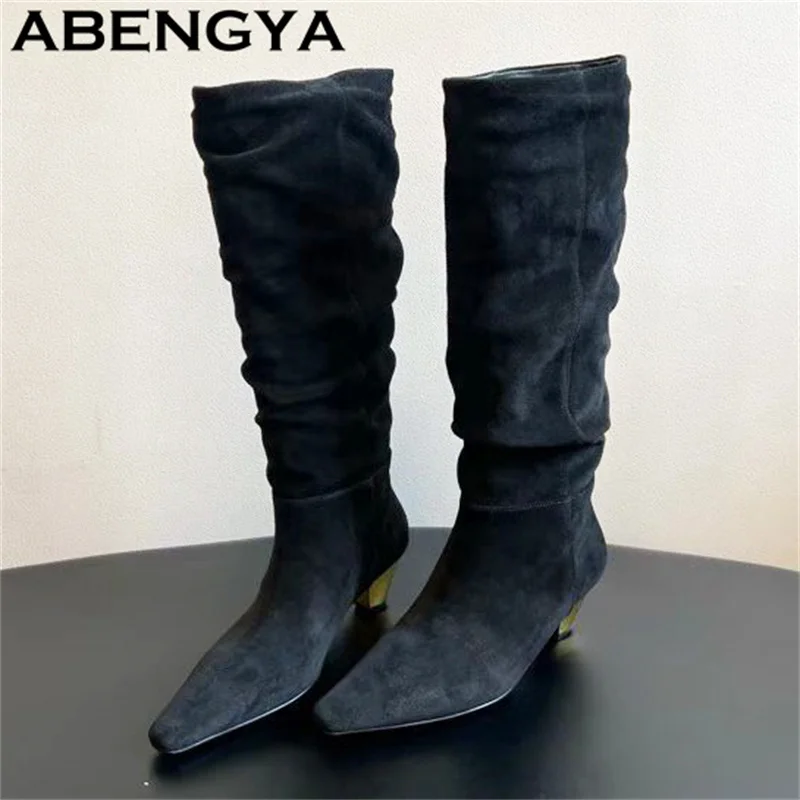 2026 Winter Black Suede Leather Knee High Boots Women Pointy Toe Mid Heels Chelsea Boots New Fashion Week Long Boots Feminine