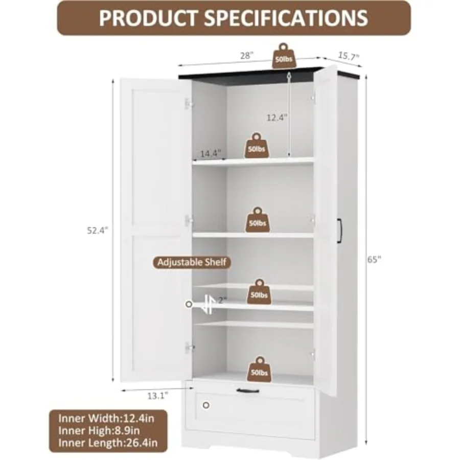 Kitchen Pantry Storage Cabinet with Barn Doors, Drawer and Adjustable Shelves, 4-Tier Tall Rustic Wood Cupboard Locker for Kitc