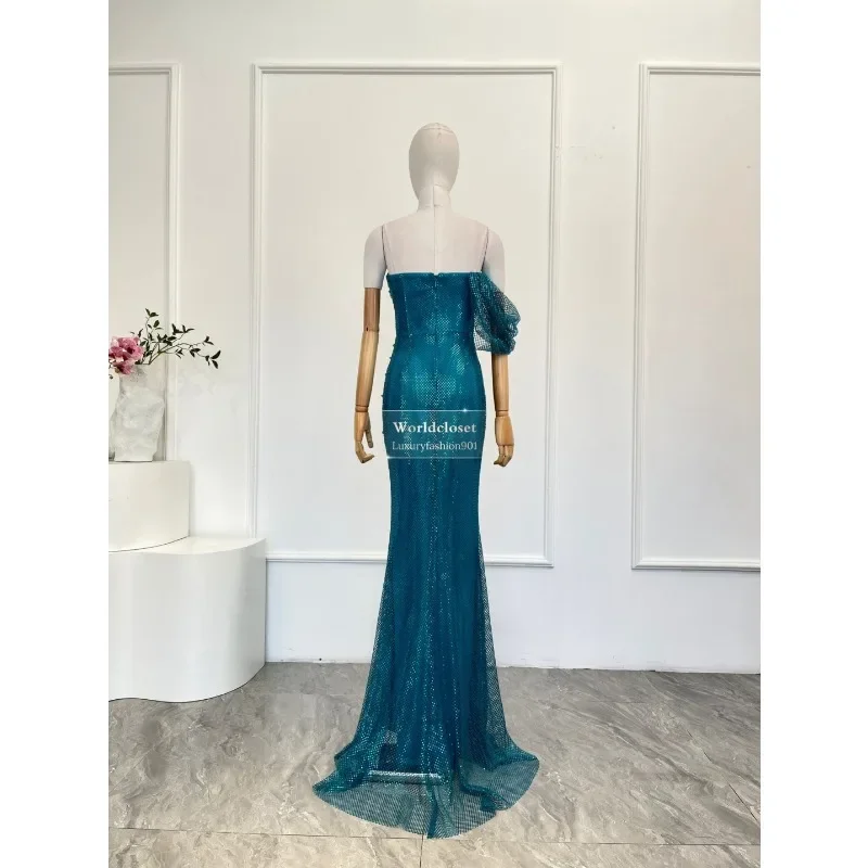 ชุดเดรสยาวทรงหลอดเปิดหลังผ้าตาข่ายสีน้ำเงินประดับเพชรสำหรับงานปาร์ตี้ คุณภาพสูง