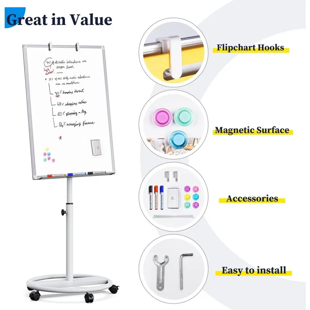 لوح مسح جاف مغناطيسي محمول، 36 × 24 سبورة بيضاء متنقلة مع حامل وحامل وخطافات الرسم البياني #3