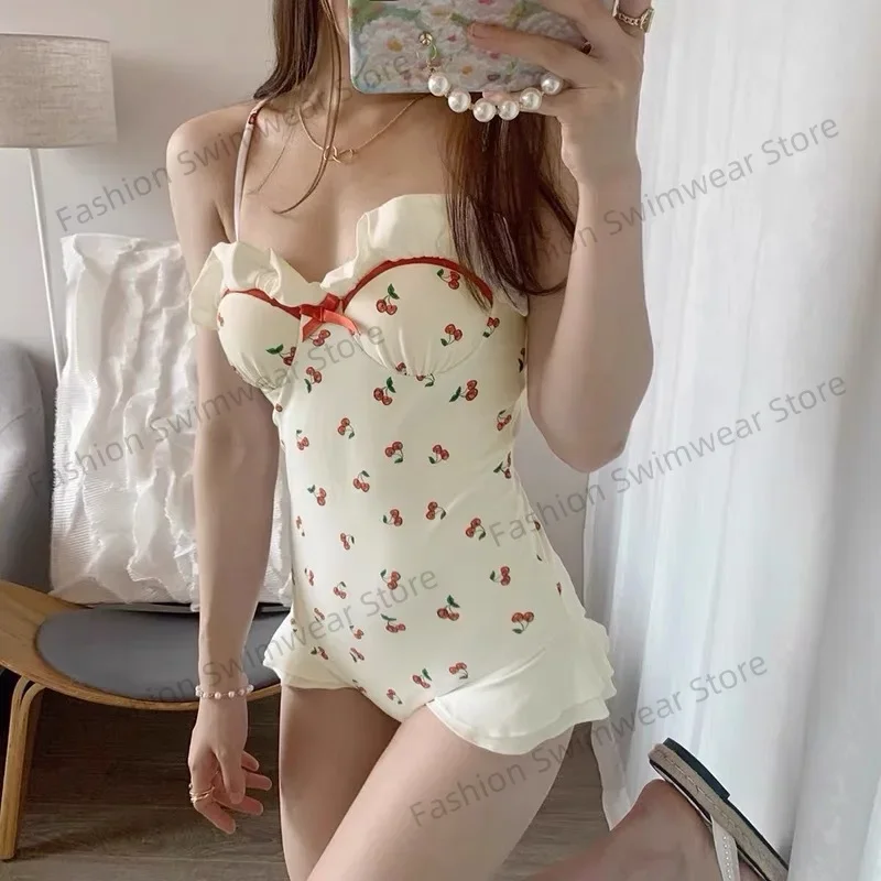 Women One Piece Swimsuit Push Up Vintage Monokini Bandage Back Cherry Print Swimwear Summer Beach Bodysuit Flouching Girl Bikini