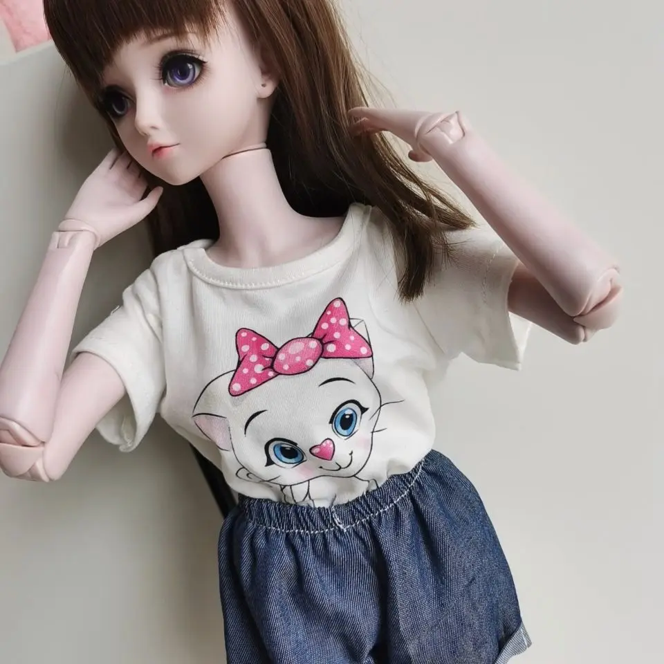 Mode Pop Accessoires 60Cm Poppenkleding Voor 1/3 Bjd Pop Kat Halve Mouwen Denim Short Kleding Top Diy Girl Verkleedspeelgoed