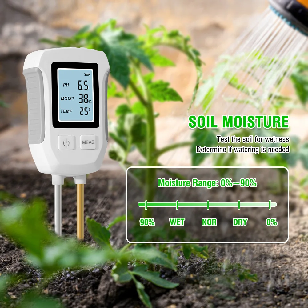 Testador digital de solo lcd, ph/umidade/temperatura 3.0-9 medidor de ph, resistente ao calor, sensor de metal, monitor de umidade para plantas de flores, jardinagem