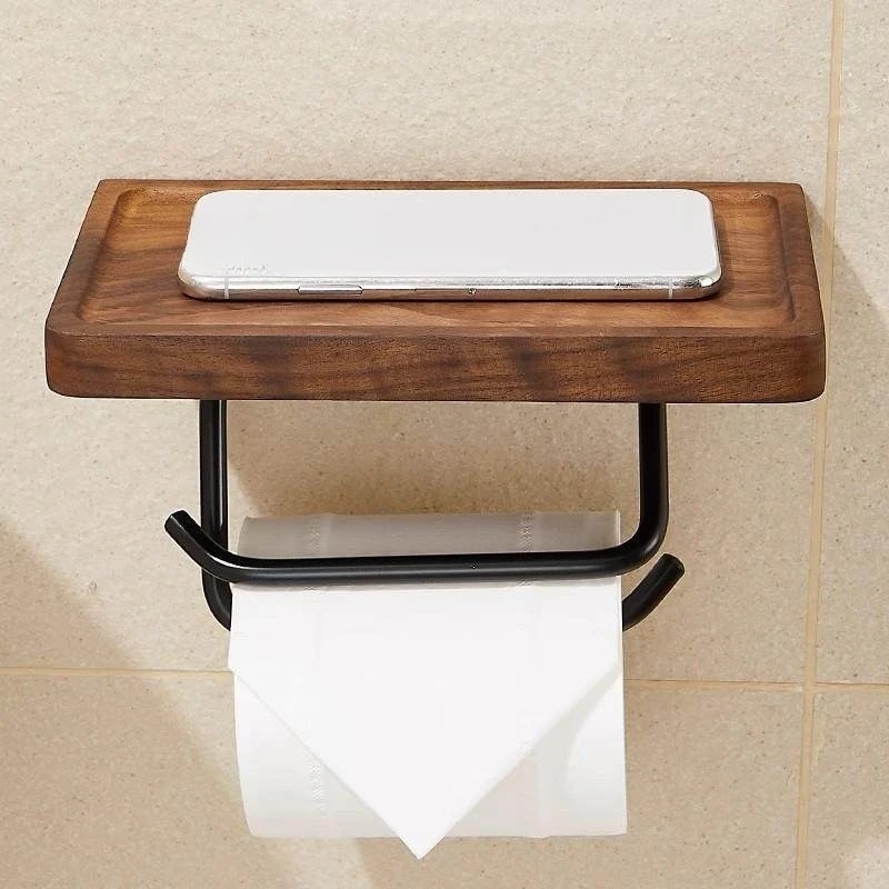 Walnut Wood Toilet Paper Holder with Shelf Space Saving Storage Organizer for Bathroom Restroom Vanity Use