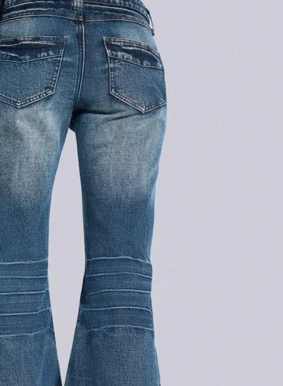 الربيع والخريف خمر مطوي مطبوعة منخفضة الخصر متوهج السراويل للنساء، الاتجاه العصري والأنيق متوهج السراويل الجينز