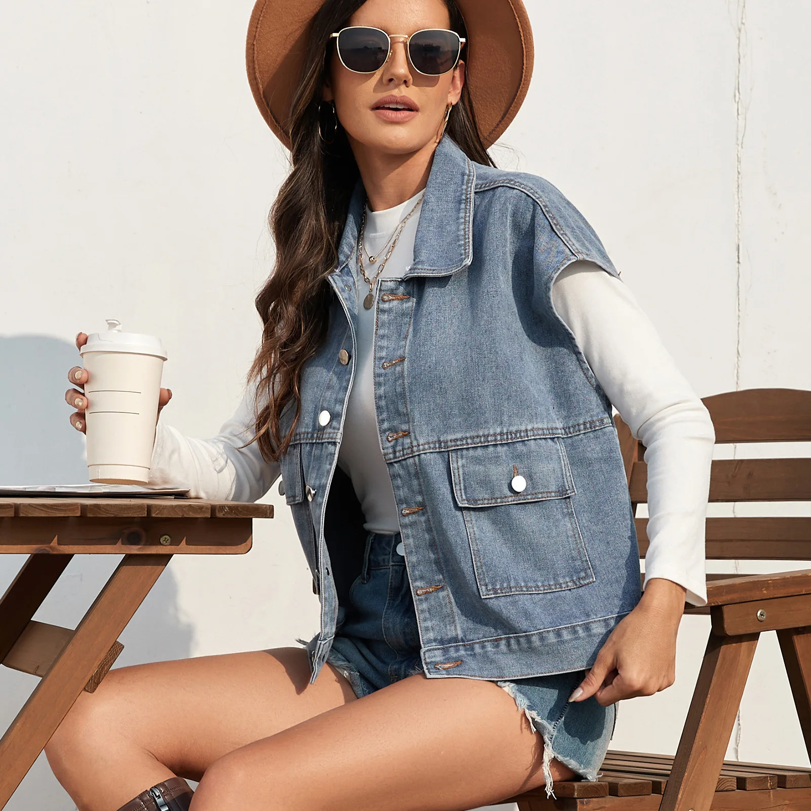 

Retro Denim Slim Washed Vest Jacket Casual Outerwear for Women European American Style Trade New on