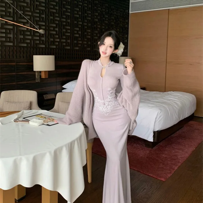 Retro Chinese Style Knitted Dress Soft Long Sleeve Zipper Closure Slim Fit Women's Fashion Set with Button Detail for Autumn