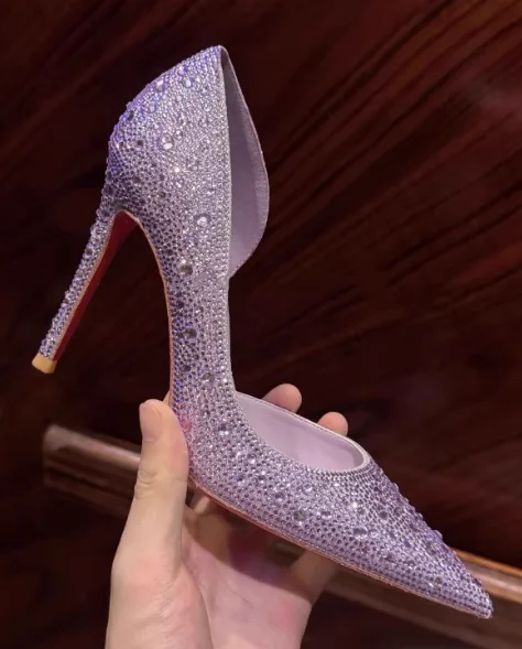 

New Side Space Full Diamond Gold Fine Heel Pointed Fashion High Heels Women's Water Diamond Wedding Shoes Bridal Shoes