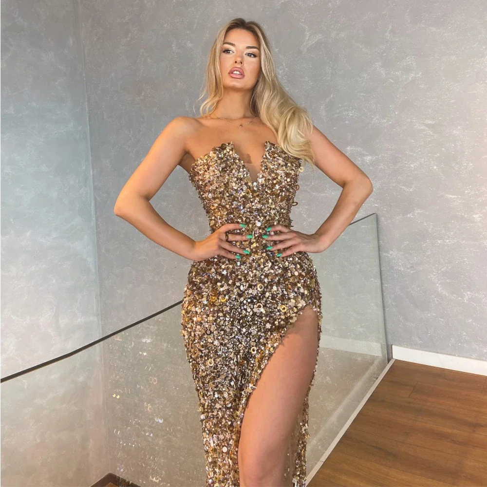 

Customized Gold Evening Dresses Sparkle Sequin Strapless Party Gowns Sexy Side Mermaid Bride Dress High Quality Exquisite Simp