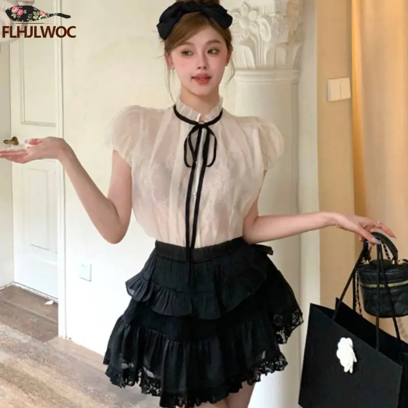 2023 Hot Bow Tie Tops Women Korean Style Japan Design Short Sleeve Elegant Office Lady Cute Ribbon Sweet Basic Shirts Blouses