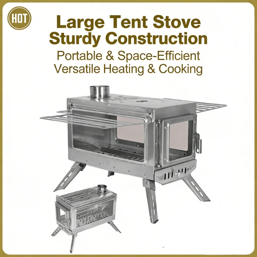 

Палаточная печь из нержавеющей стали с дымоходом, устойчивая к ржавчине, с окном для наблюдения за огнем, дровяная печь для кемпинга, укрытий и палаток