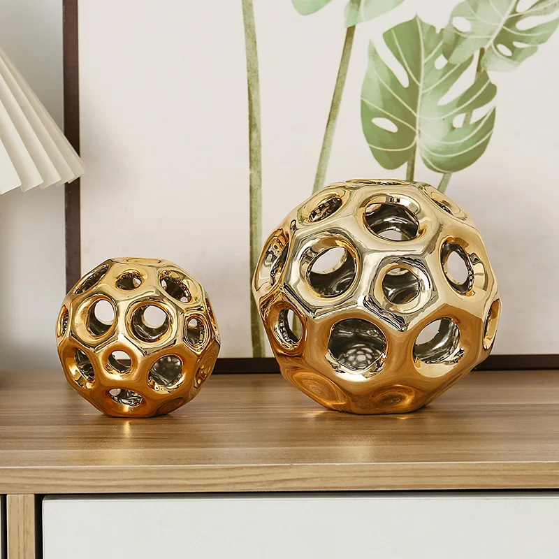 Ceramic Crafts Hollow Balls Golden Geometric Faceted Abstract Sculpture Sphere Decorative Figurines Home Decoration