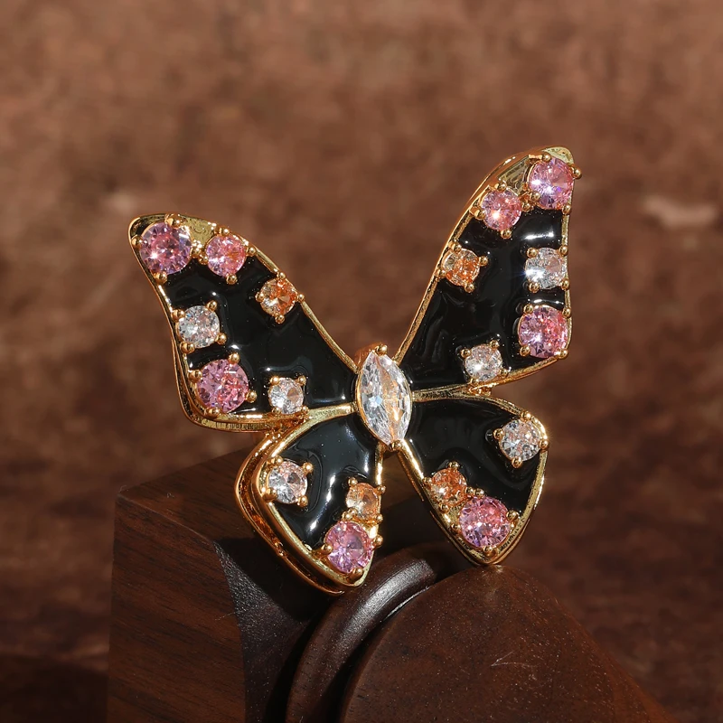 

Vintage Pink Crystal Butterfly Ring Black Enamel for Elegant Woman Gold Color Jewelry Trends 2026 Accessories High Quality Gifts