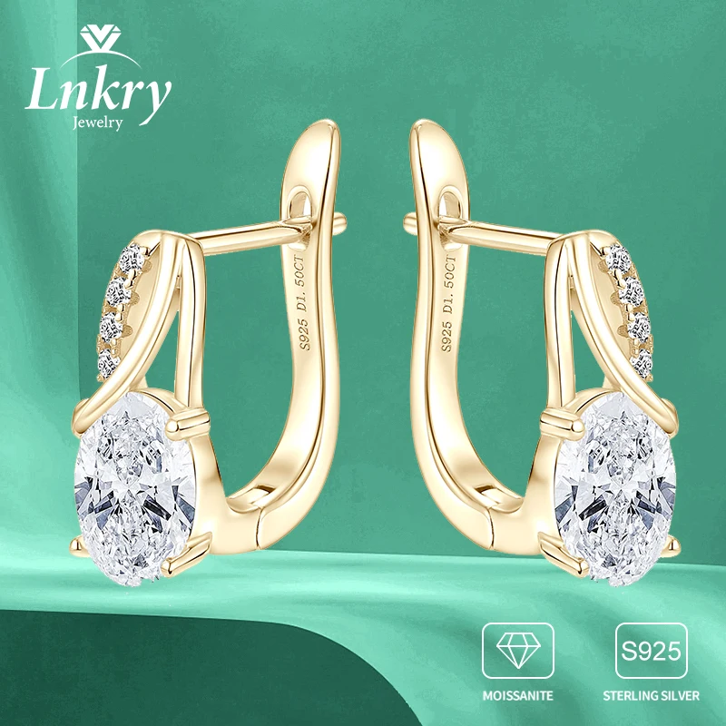 

Сертифицированные Lnkry серьги-кольца с муассанитом овальной огранки Oorbellen Zilver, стерлинговое серебро 925, U-образные серьги-обнимашки для подарка на день рождения