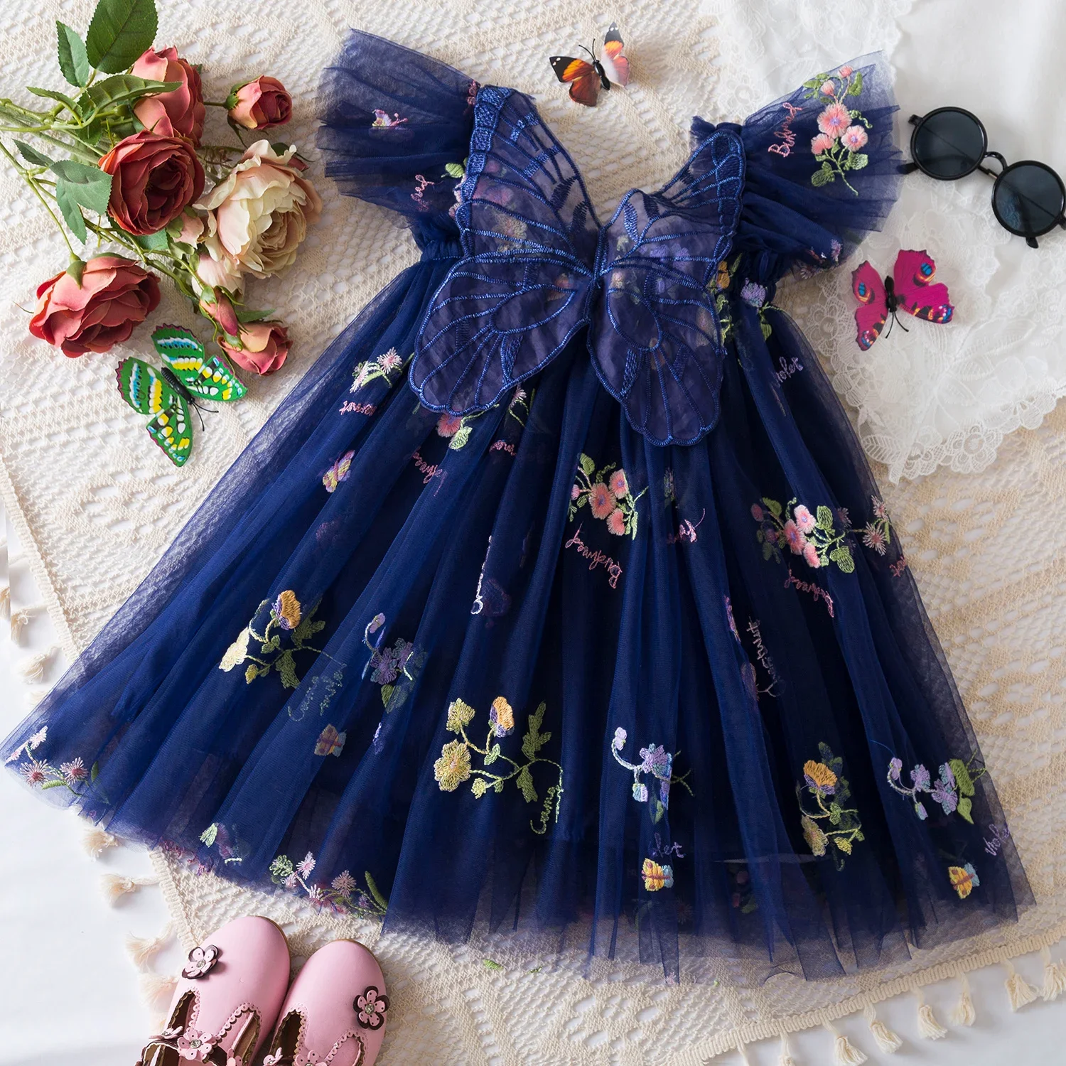 Toddler Baby Girls Party Dresses Back Butterfly Fairy Clothes Kids Lace Embroidery Mesh Tutu Infant Birthday Christmas Dresses