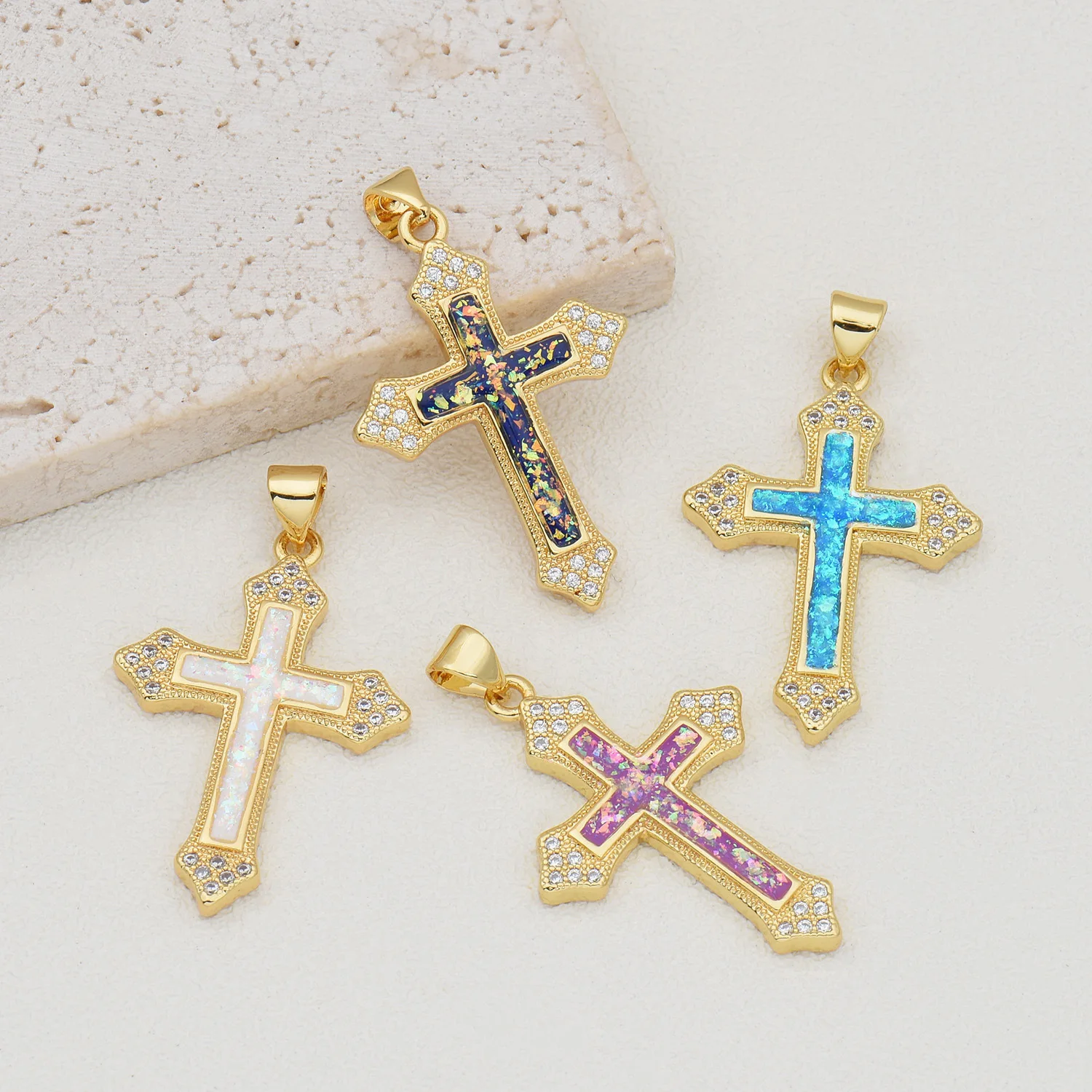 5 Copper Plated Opal North American Style Cross Zircon Pendant Accessories DIY Pearl Necklace Jewelry Making Materials Wholesale