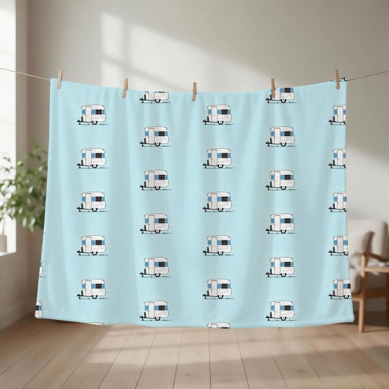 Little Blue Vintage York Caravan Illustration Throw Blanket couch cozy soft plush fuzzy picnic outdoor blanket