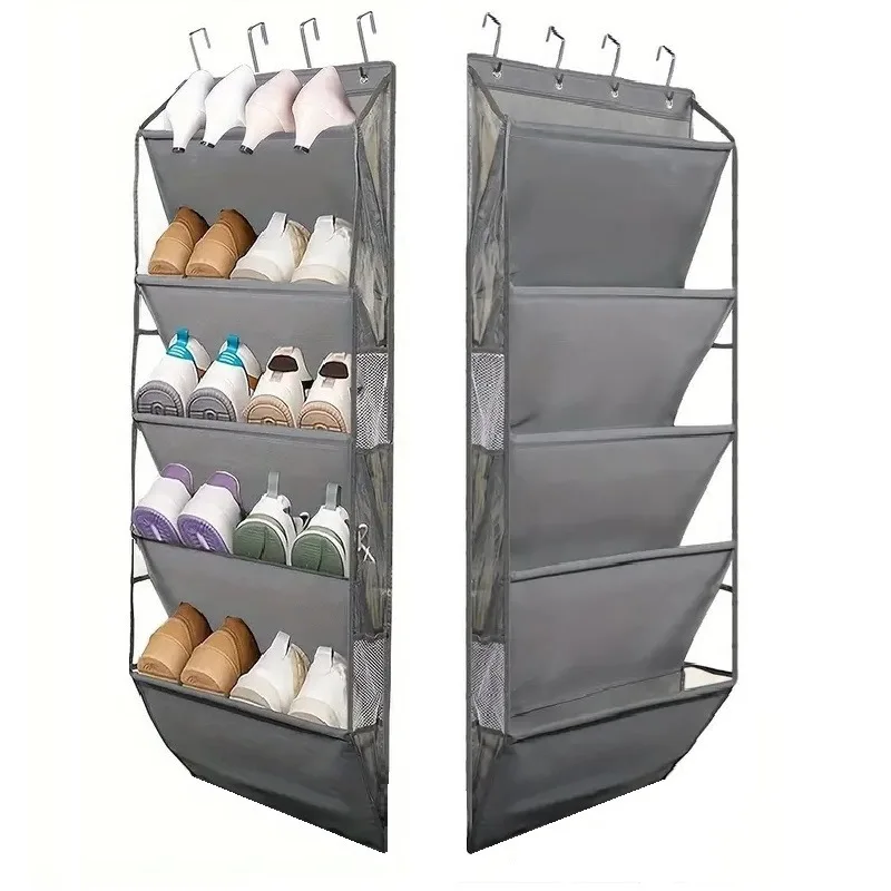 5 Tier Over The Door Shoe Organizer, Breathable Fabric Hanging Shoe Storage Bag with Side Mesh Pockets for Closet Bedroom Dorm