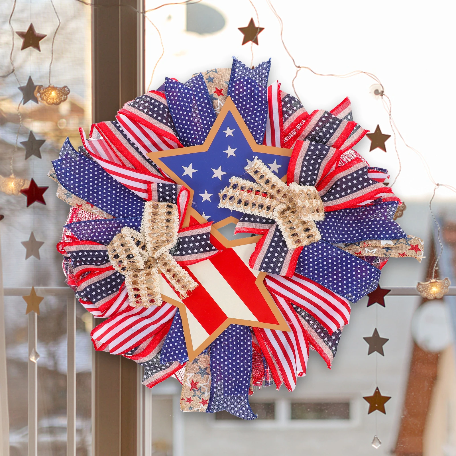 

Red Blue Decor 40cm Patriotic Wreath for Front Door Independence Day Hanging Indoor Outdoor Party Supply