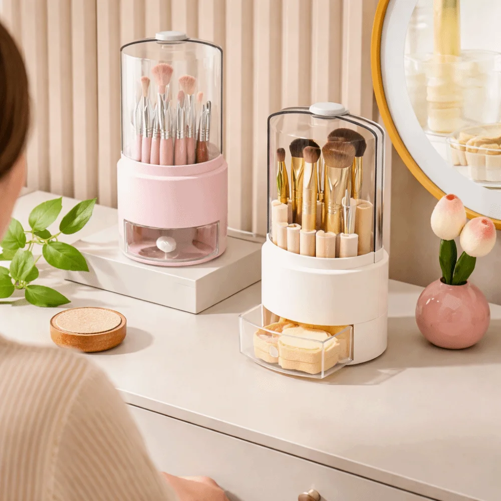 

Пластик 360 ° Вращающийся органайзер для косметики большой емкости, пылезащитный, для помады и карандашей для бровей, с выдвижным ящиком, круглый