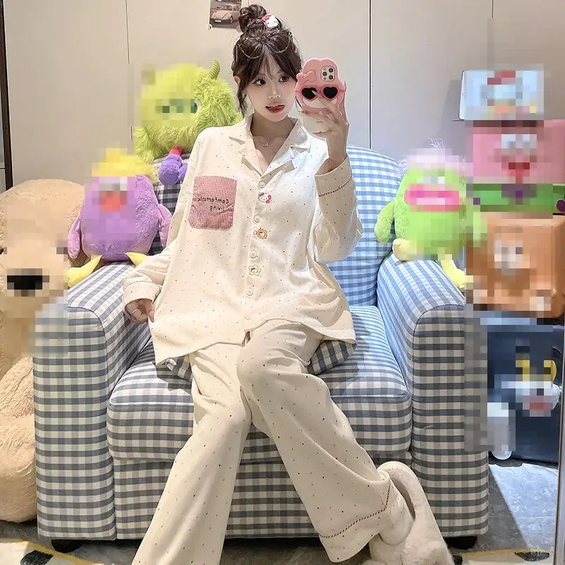 

Japanese Girl Spring Autumn Long Sleeved Long Pant Pajamas Sweet Beauty Style Polka Dot Cute Cartoon Home Suit Set Skin Friendly