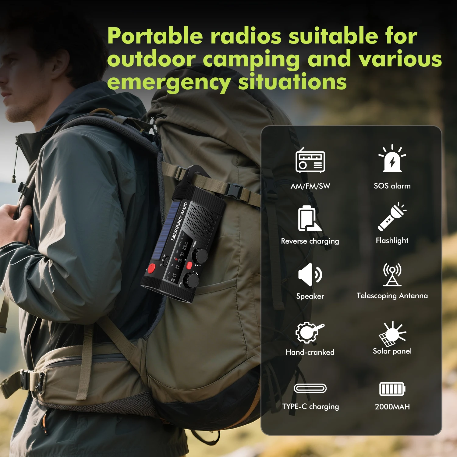Emergency Radio with SOS Alarm, AM/FM/SW & Flashlight. 2000mAh Battery & Solar/Hand Crank Charging for Outdoor Survival.