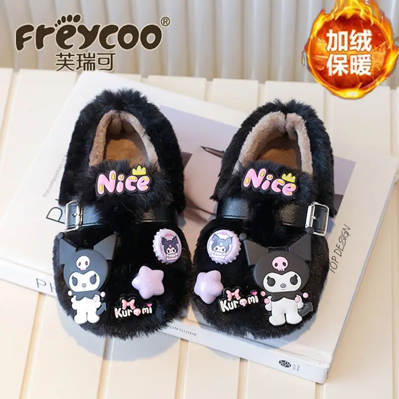 Kuromi Girls Cotton Shoes Sanrio Winter New Kawaii Kids Anime Cartoon Soft Bottom Anti-Slip Furry Shoe Cute Thicken Childr Shoes