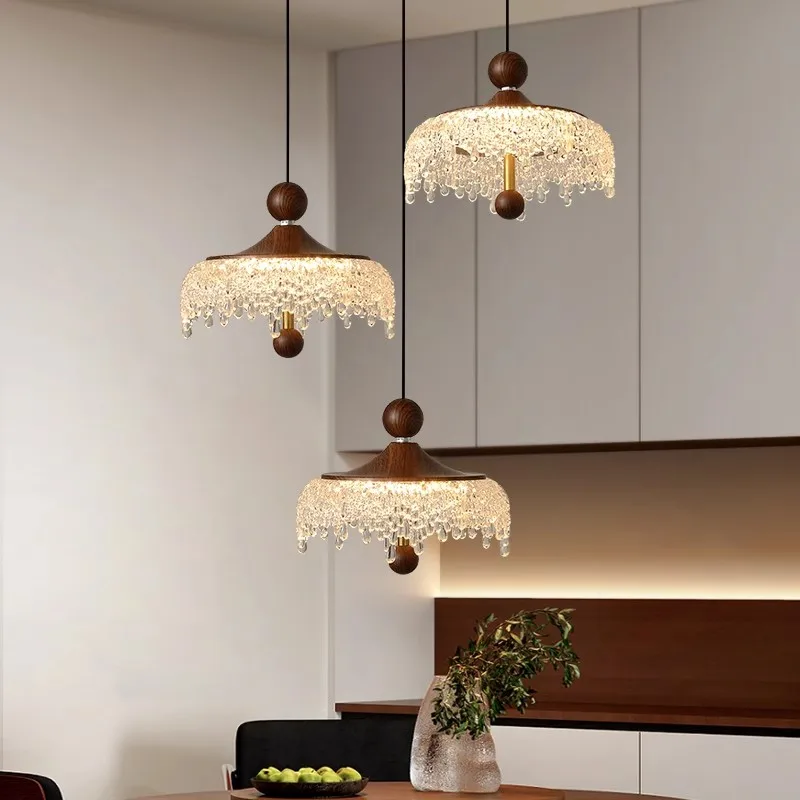French Waterdrop Restaurant Pendant Three Head Long Plate Bar Desk Lamp Retro Walnut Color Pendant