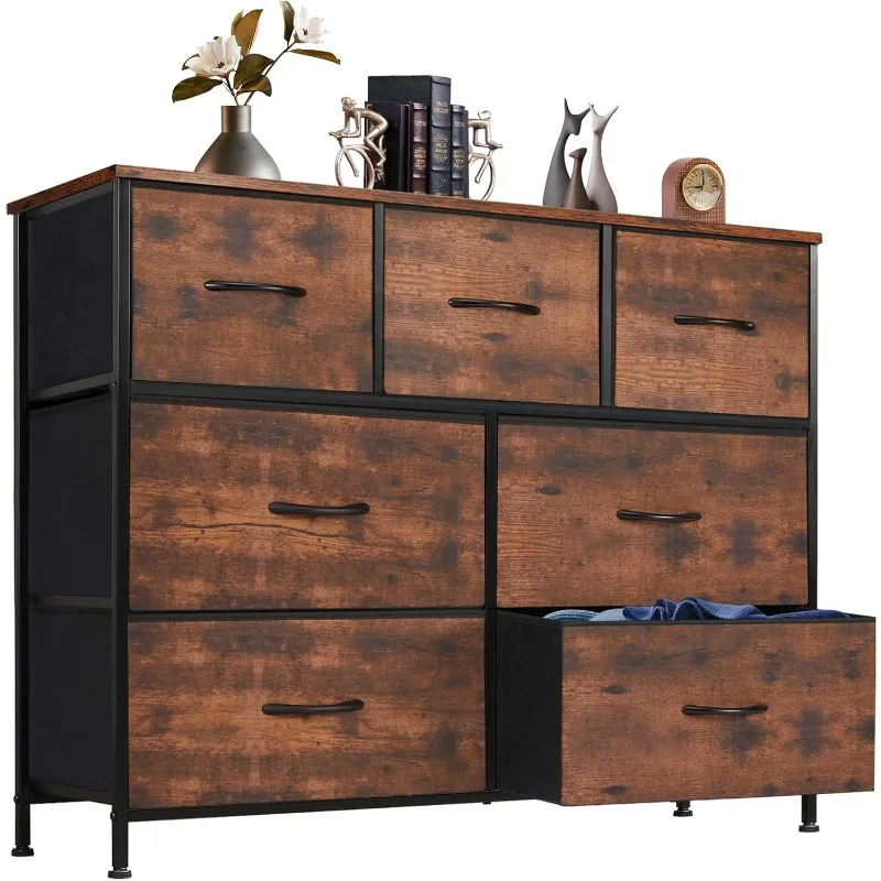 

Dresser for Bedroom with 7 Drawers, Chest Tower TV Stand with Fabric Bins, Metal Frame, Wooden Top for Nursery,Living Room,Brown